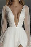Ivory Long Sleeve V Neck Tulle A Line Wedding Dress With Slit