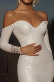 Sparkly Off The Shoulder Ivory Mermaid Long Sleeve Wedding Dress