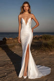 Satin Ivory Spaghetti Straps Mermaid Long Wedding Dress With Slit
