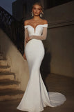 Off The Shoulder Ivory Mermaid Long Wedding Dress With Beading