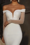 Off The Shoulder Ivory Mermaid Long Wedding Dress With Beading