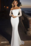 Sparkly Ivory Long Sleeve Off The Shoulder Mermaid Wedding Dress
