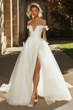 Off The Shoulder Ivory Tulle Applique A Line Long Wedding Dress With Slit