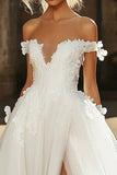 Off The Shoulder Ivory Tulle Applique A Line Long Wedding Dress With Slit