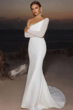 Ivory Long Sleeve One Shoulder Mermaid Wedding Dress