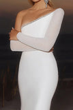 Ivory Long Sleeve One Shoulder Mermaid Wedding Dress