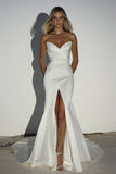 Elegant Ivory Sweetheart Beaded Satin Long Wedding Dress with Slit