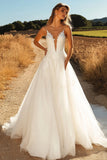 Ivory A Line Spaghetti Straps Long Wedding Dress With Appliques