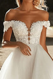 Ivory Tulle Off The Shoulder A Line Long Wedding Dress With Appliques