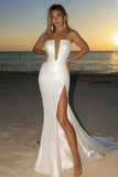 Sparkly Satin Strapless Ivory Mermaid Wedding Dress With Slit