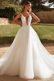 Ivory Tulle A Line V Neck Long Wedding Dress With Appliques