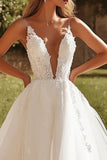 Ivory Tulle A Line V Neck Long Wedding Dress With Appliques