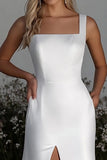 Simple Ivory Satin Square Neck Long Wedding Dress With Slit