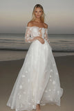 Ivory Off The Shoulder Long Sleeve A Line Wedding Dress With Appliques