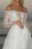 Ivory Off The Shoulder Long Sleeve A Line Wedding Dress With Appliques