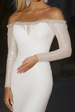 Sparkly Off The Shoulder Ivory Long Sleeve Mermaid Wedding Dress