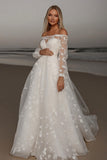 Ivory Off The Shoulder Long Sleeve A Line Wedding Dress With Appliques