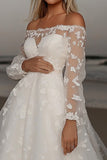 Ivory Off The Shoulder Long Sleeve A Line Wedding Dress With Appliques