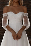 Ivory Off The Shoulder Tulle A Line Long Wedding Dress