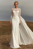 Ivory Sheath Satin Round Neck Long Sleeves Wedding Dress