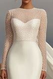 Ivory Sheath Satin Round Neck Long Sleeves Wedding Dress