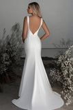 Ivory Sheath Boat Neck Satin Wedding Dress with Slit