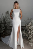 Ivory Sheath Boat Neck Satin Wedding Dress with Slit
