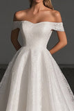 Off The Shoulder Ivory A Line Long Wedding Dress With Apppliques