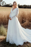 Long Sleeve Ivory V Neck A Line Wedding Dress With Appliques