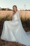 Long Sleeve Ivory V Neck A Line Wedding Dress With Appliques