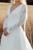 Long Sleeve Ivory V Neck A Line Wedding Dress With Appliques