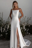 Simple Ivory Spaghetti Straps A Line Satin Wedding Dress With Slit