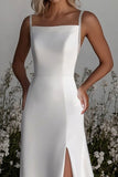 Simple Ivory Spaghetti Straps A Line Satin Wedding Dress With Slit
