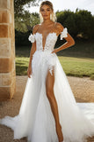 Ivory Off The Shoulder Tulle A Line Wedding Dress With Slit