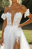 Ivory Off The Shoulder Tulle A Line Wedding Dress With Slit
