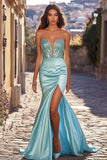 Blue Stretch Satin Sweetheart Neck Beaded Mermaid Prom Dress with Slit