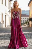 Metallic Satin Fuchsia Ruched A Line Prom Dress with Embroidery