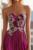 Metallic Satin Fuchsia Ruched A Line Prom Dress with Embroidery