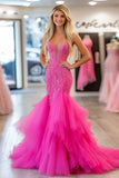 Embroidery Tulle Lace Fuchsia Sweetheart Mermaid Prom Dress