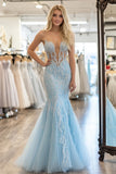 Sky Blue Tulle Lace Appliques Sweetheart Mermaid Prom Dress