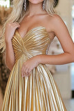 Gold Metallic Satin Deep V Neck Ruched A Line Prom Dress