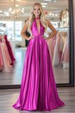 Fuchsia Metallic Satin Halter A Line Ruched Prom Dress