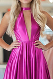 Fuchsia Metallic Satin Halter A Line Ruched Prom Dress