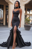 Black Satin Spaghetti Straps Ruffles Mermaid Prom Dress with Slit