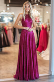 Fuchsia Metallic Satin Halter A Line Ruched Prom Dress