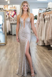 Sparkly Silver Sequins Sheath Sweetheart Prom Dress with Slit