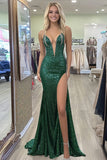 Sparkly Sequins Dark Green Sweetheart Mermaid Prom Dress with Slit