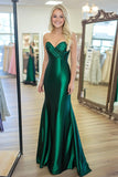 Stretch Satin Dark Green Sheath Sweetheart Pleated Prom Dress