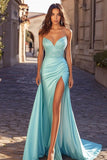 Blue Stretch Satin Sheath Sweetheart Prom Dress with Slit