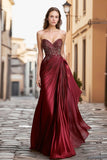 Burgundy Metallic Satin Sweetheart A Line Prom Dress with Beading